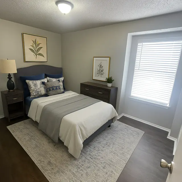 A cozy modern bedroom featuring a queen-sized bed with gray and blue bedding, two wooden nightstands, and a lamp. The room has a soft area rug and a large window with blinds, allowing natural light to enter.