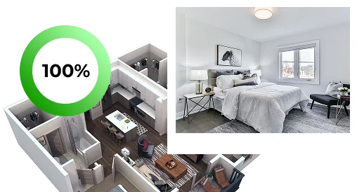 Room Layout and Interior Design An architectural layout of a room alongside a photograph of a beautifully decorated bedroom with a bed, nightstand, and chair.