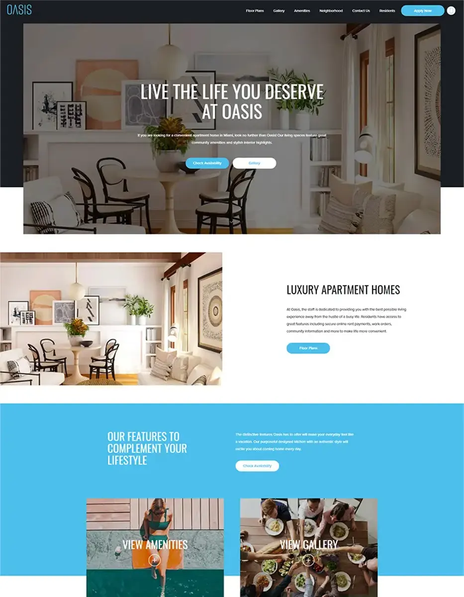 Oasis Apartment Homes Website Screenshot of an apartment complex website featuring luxurious apartments, amenities, and lifestyle features.