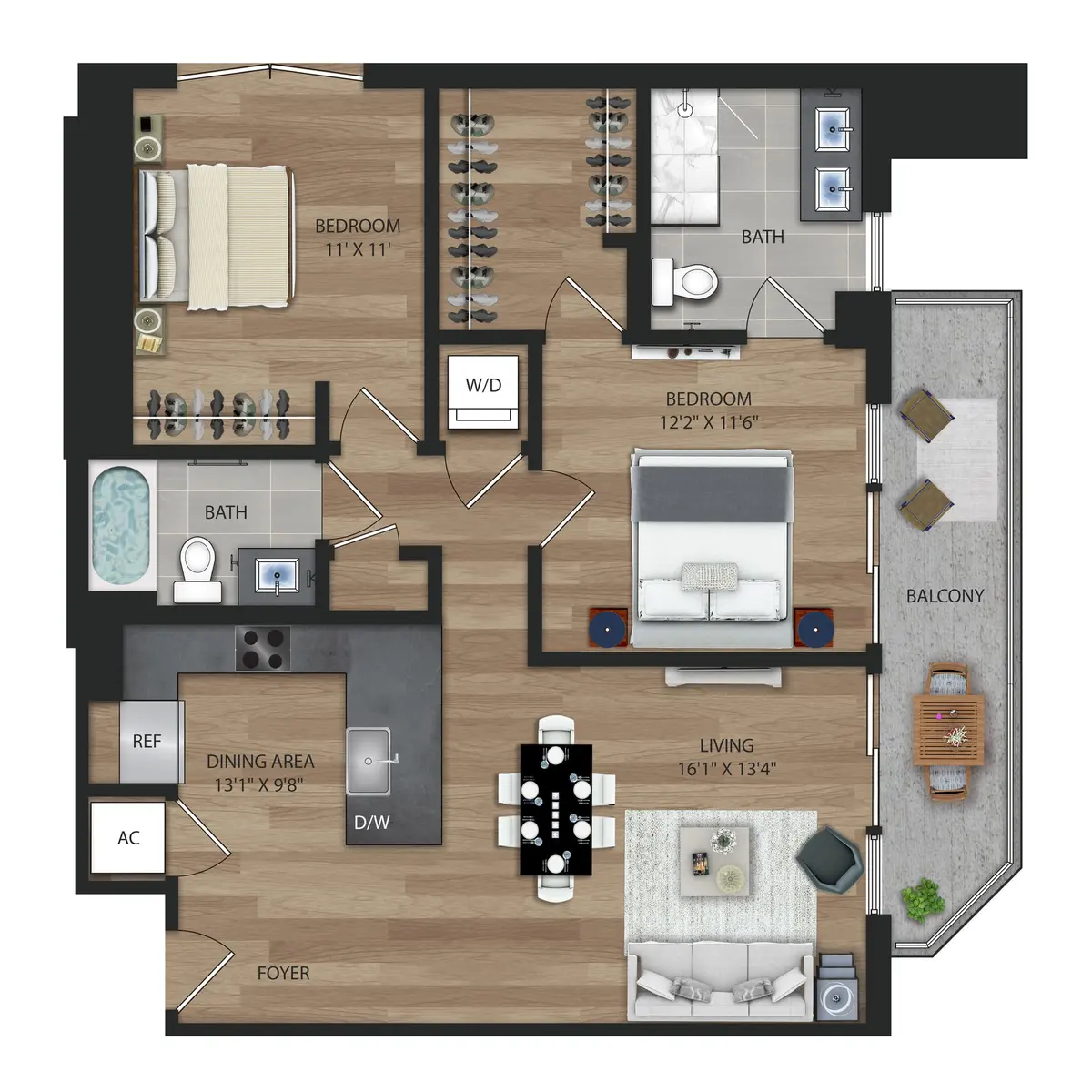 A detailed floor plan of a three-bedroom apartment layout with various amenities.