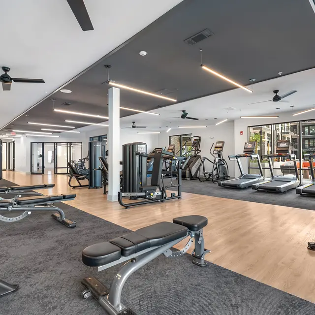 A spacious modern gym with various fitness equipment, including benches, treadmills, and weight machines, under bright lights and a sleek ceiling design.