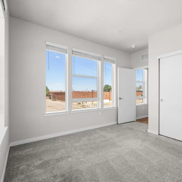 A bright, empty room with large windows allowing natural light to enter. The floor is covered with carpet, and there is a closet with sliding doors on one side.