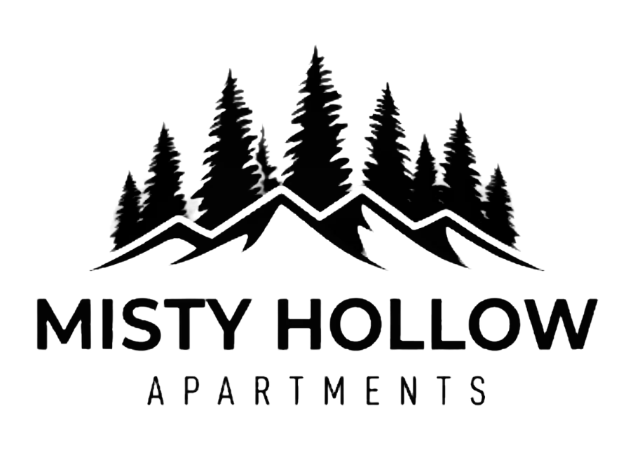 Logo for Misty Hollow Apartments featuring stylized trees and mountains.