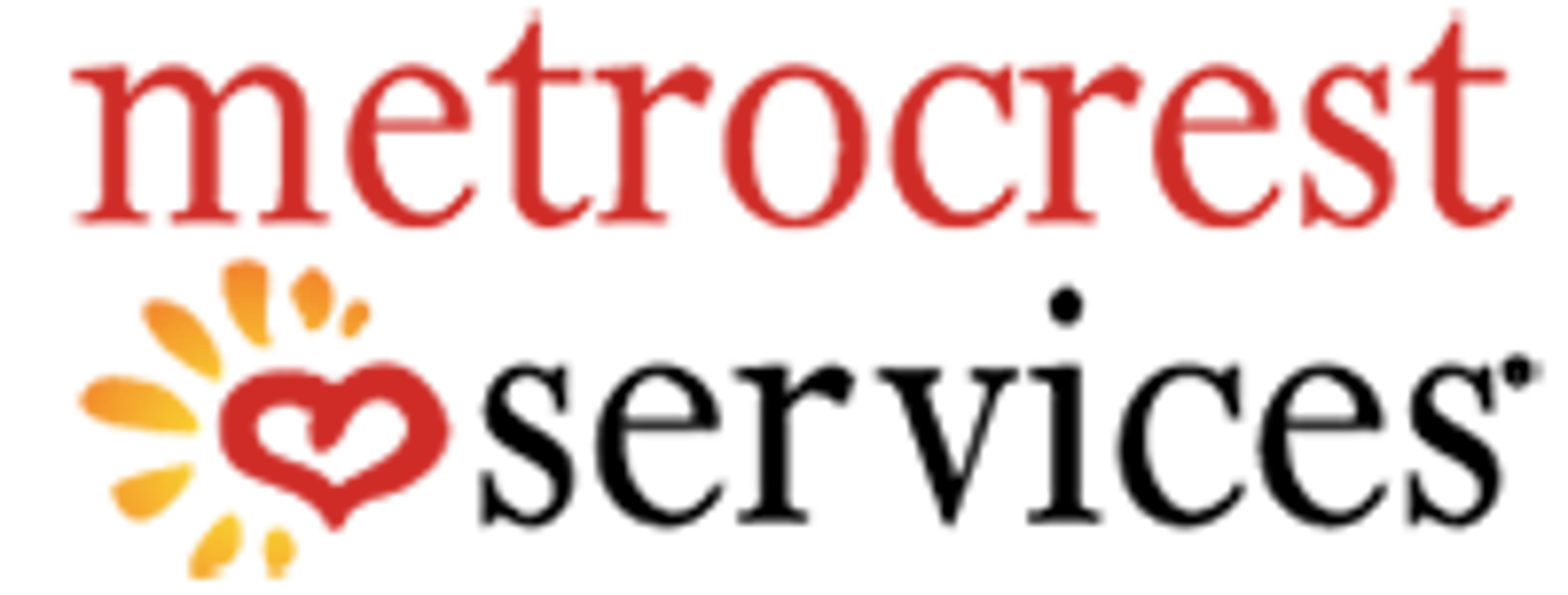 A logo featuring the text 'metrocrest' in red, followed by an icon of a heart and paw print in orange and yellow, and the word 'services' in black.