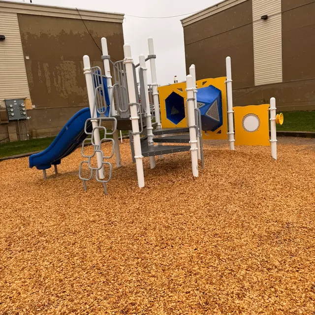A modern playground structure featuring a slide, climbing apparatus, and various geometric shapes in blue and yellow, set on a bed of wood chips.