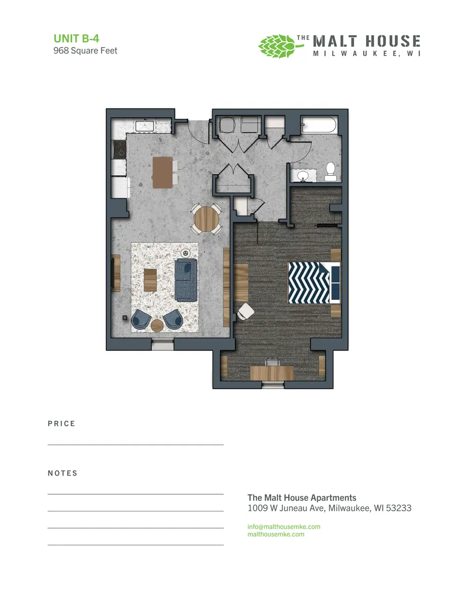 Unit B-4 Floor Plan - The Malt House Apartments A floor plan of Unit B-4 at The Malt House Apartments in Milwaukee, WI, showcasing 968 square feet with labeled areas for living space, kitchen, bedrooms, and bathroom.