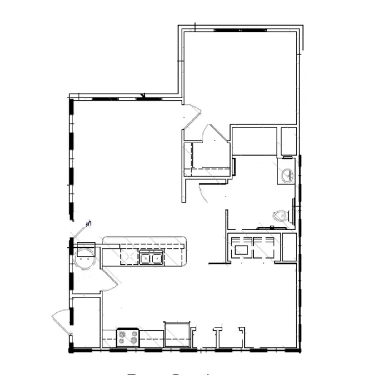 A floor plan of a simple apartment layout showing a kitchen, living area, bathroom, and one bedroom.
