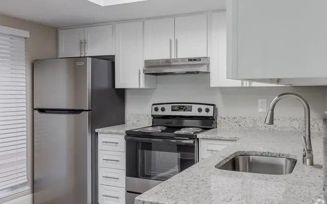 Modern Kitchen Interior A modern kitchen featuring stainless steel appliances, white cabinets, and granite countertops.