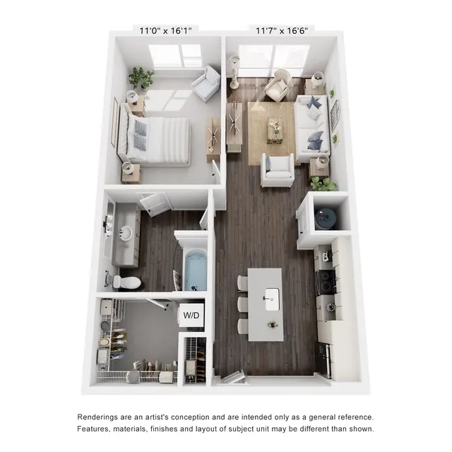 A detailed floor plan of a two-bedroom apartment featuring labeled dimensions for each room and furniture layout.