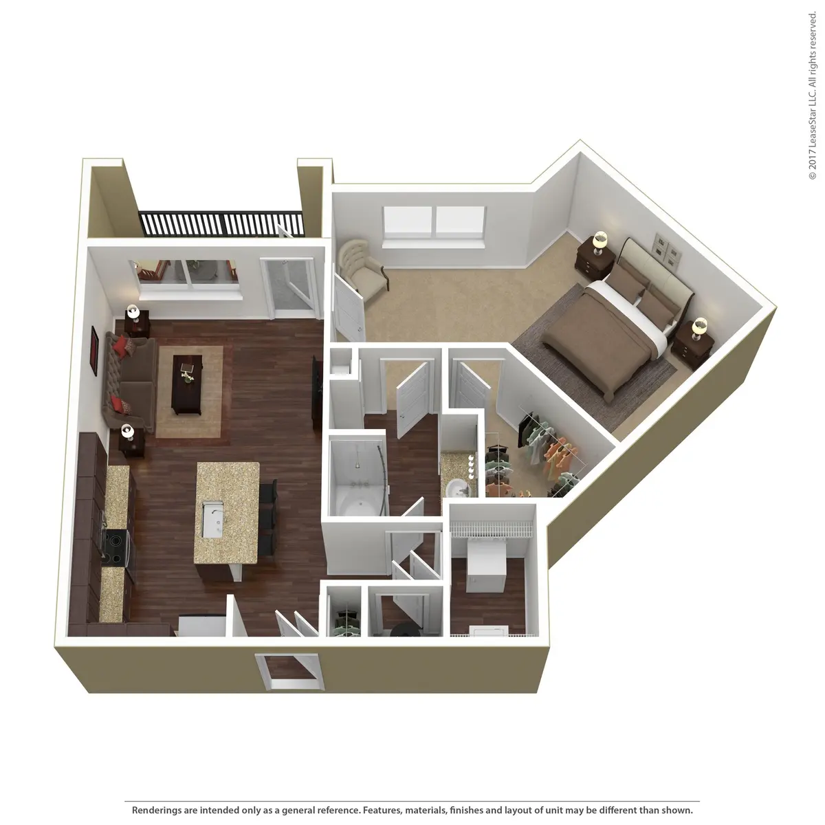 Two-Bedroom Apartment Floor Plan A 3D floor plan of a two-bedroom apartment, showing the layout of the living room, kitchen, bedrooms, and bathrooms.