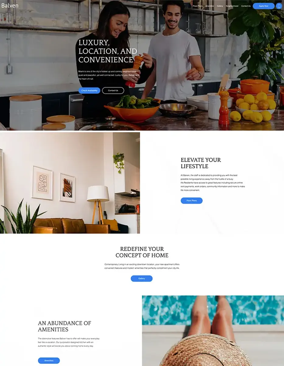 Luxury Living Redefined A modern website layout featuring a couple cooking in a stylish kitchen, sections on lifestyle and amenities, and images of cozy home interiors and a swimming pool.