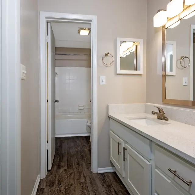 A modern bathroom with a double vanity, beige walls, and wooden flooring, featuring a large mirror and bright lighting.
