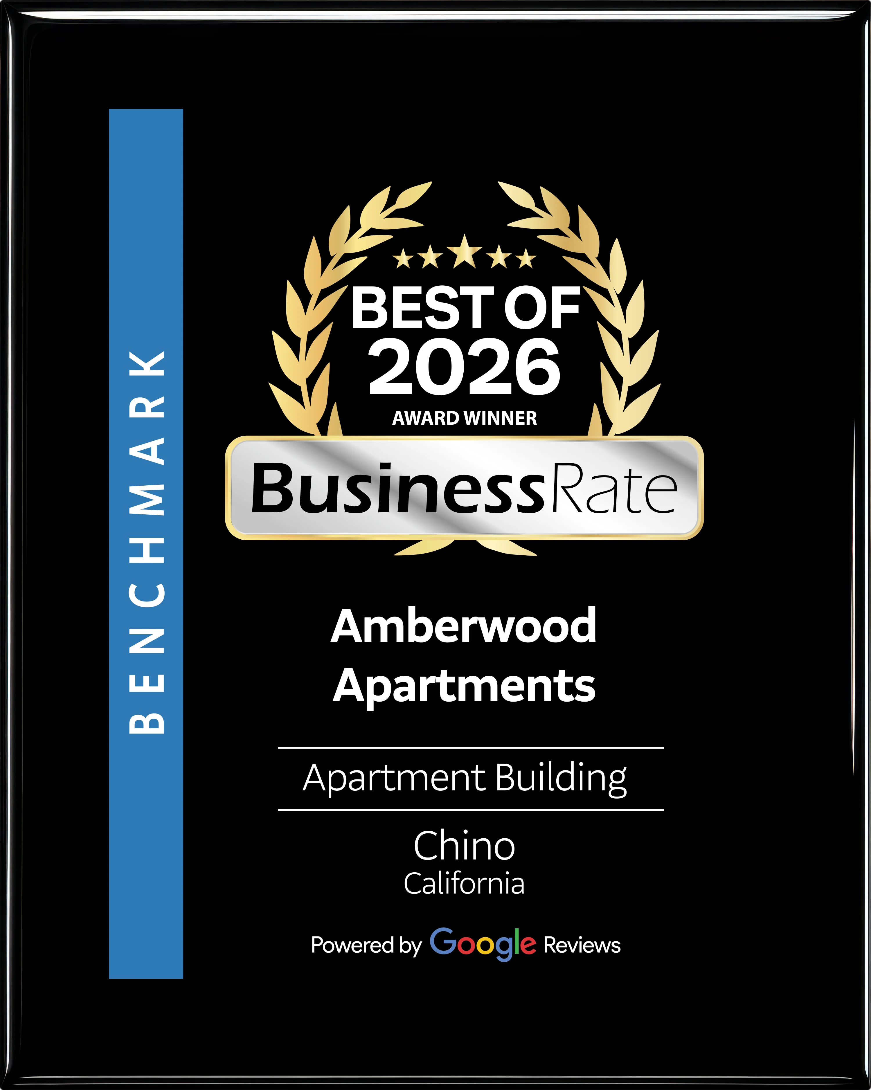 Award plaque for Amberwood Apartments in Chino, California, recognizing them as a 2026 Best of BusinessRate award winner.