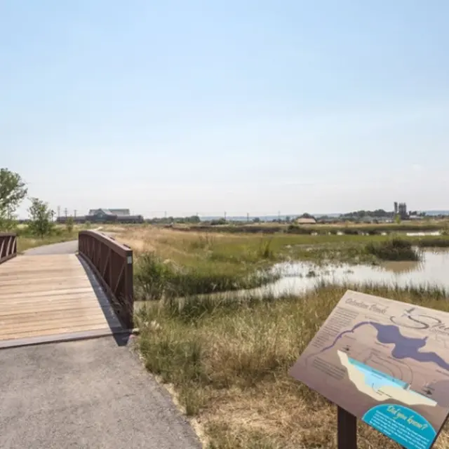 Granite Peak A wooden bridge leads over marshy land with grassy areas and a body of water. A sign with a graphic is placed near the start of the bridge.