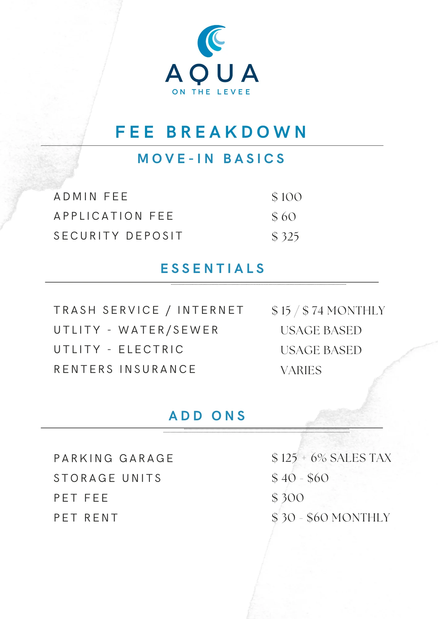 A fee breakdown document for Aqua on the Levee featuring move-in basics, essentials, and add-ons.