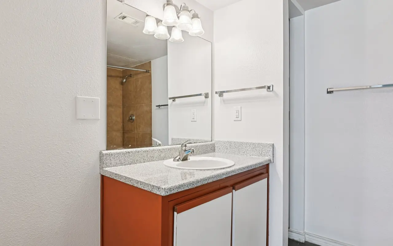 A clean, modern bathroom featuring a large mirror above a granite countertop sink. The cabinetry below is painted orange, contrasting with the light-colored walls. A shower area is visible in the background.