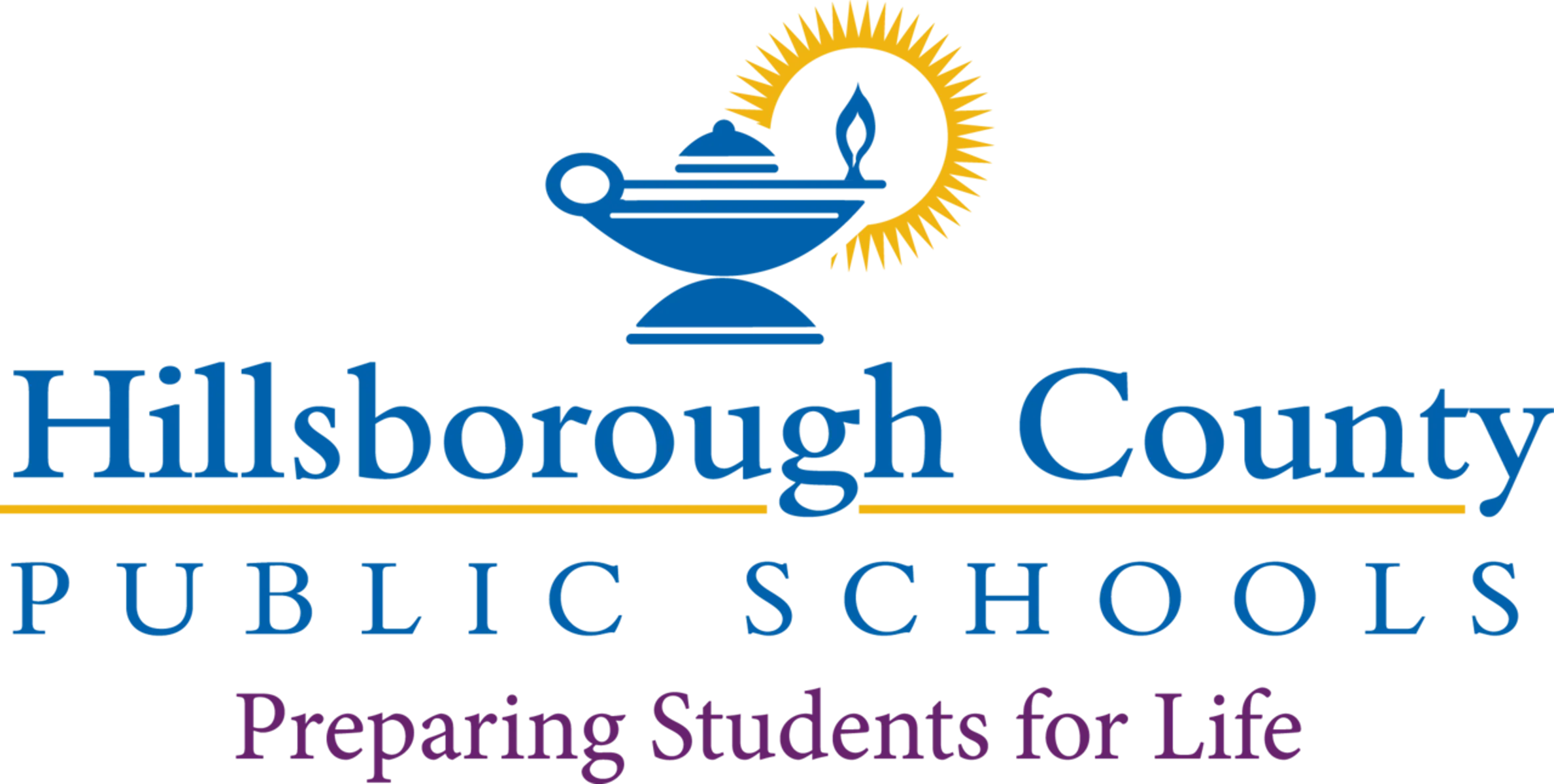 Logo of Hillsborough County Public Schools featuring a lamp and the text 'Preparing Students for Life'