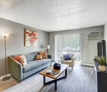 A cozy living room featuring a gray sofa with colorful pillows, a light-colored side chair, a coffee table holding a plant and a decorative item, and a lamp beside the sofa. The room has a large window with vertical blinds and an air conditioning unit.