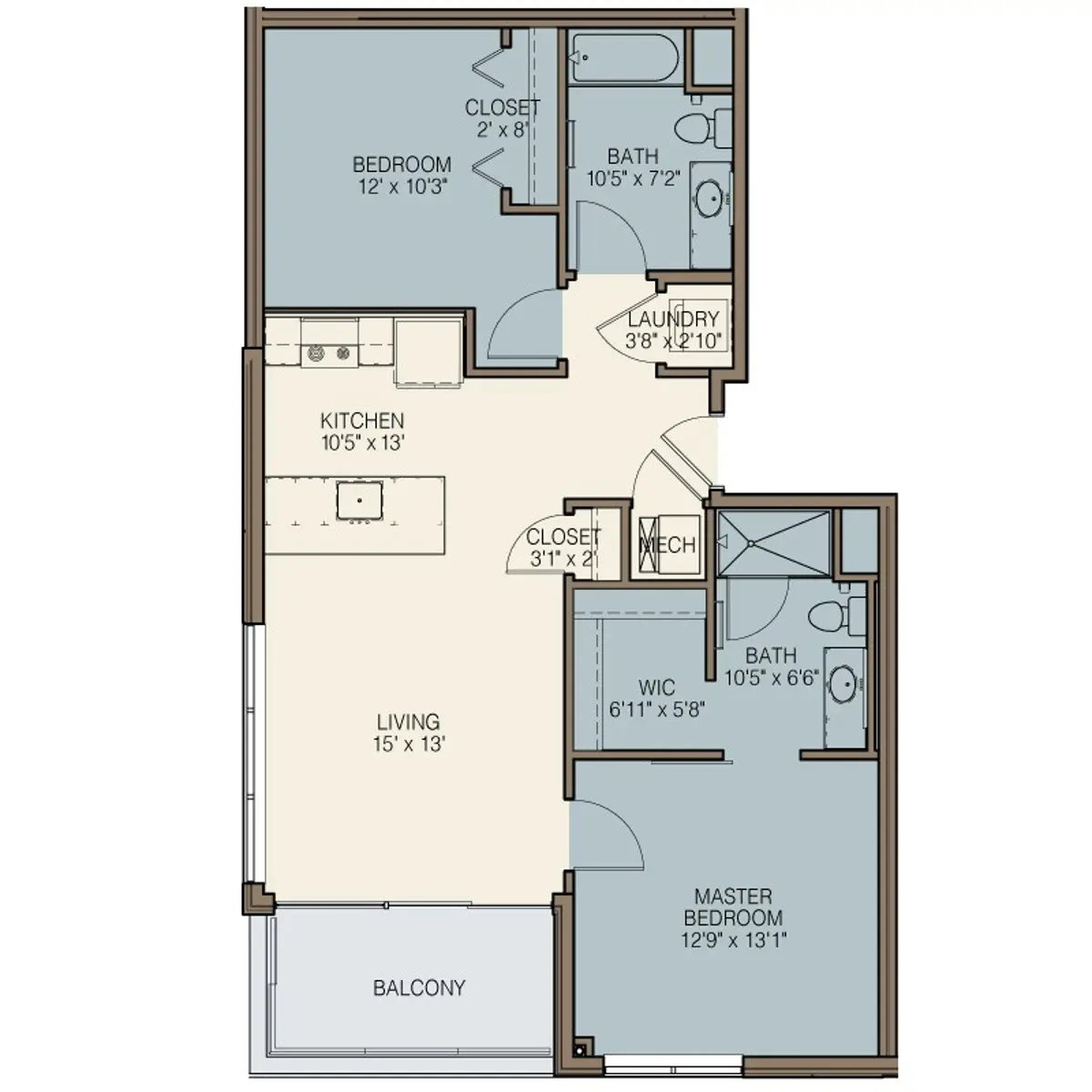 A detailed floor plan of a two-bedroom apartment featuring a master bedroom, additional bedroom, two bathrooms, a kitchen with a living area, laundry space, and a balcony.