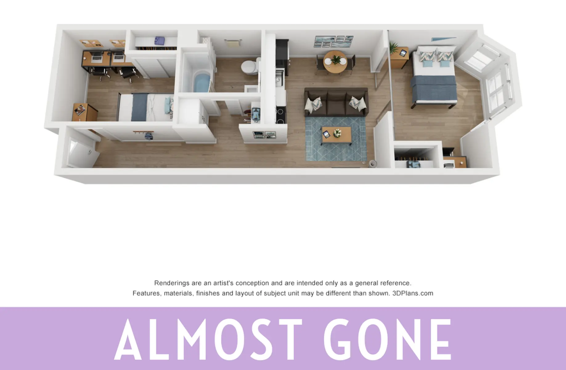 An artistic rendering of a floor plan for a two-bedroom apartment, showing living spaces, kitchen, and bathrooms clearly laid out.