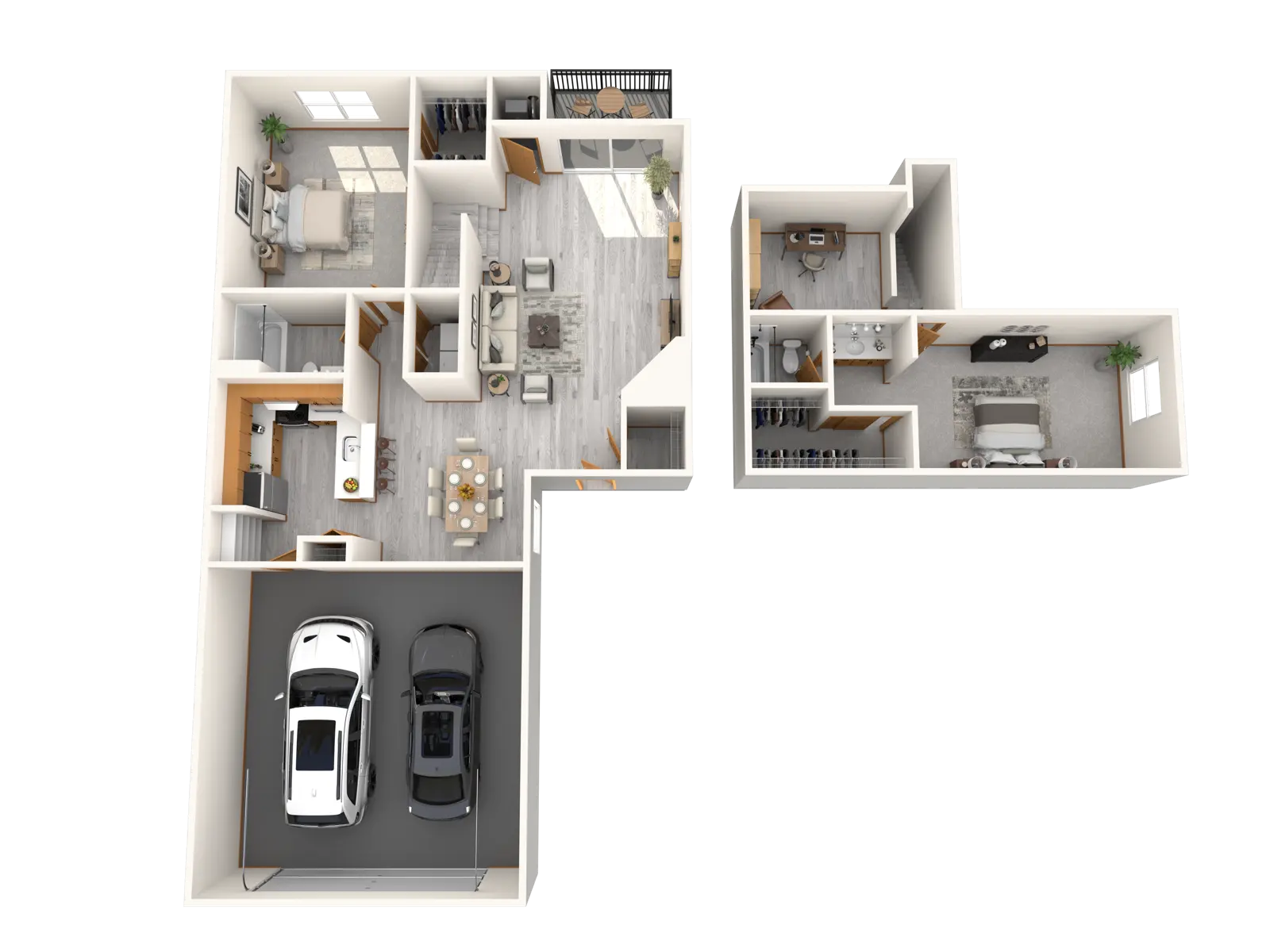 A 3D rendering of a house floor plan that includes a garage and several rooms such as a living area, kitchen, and bedrooms.