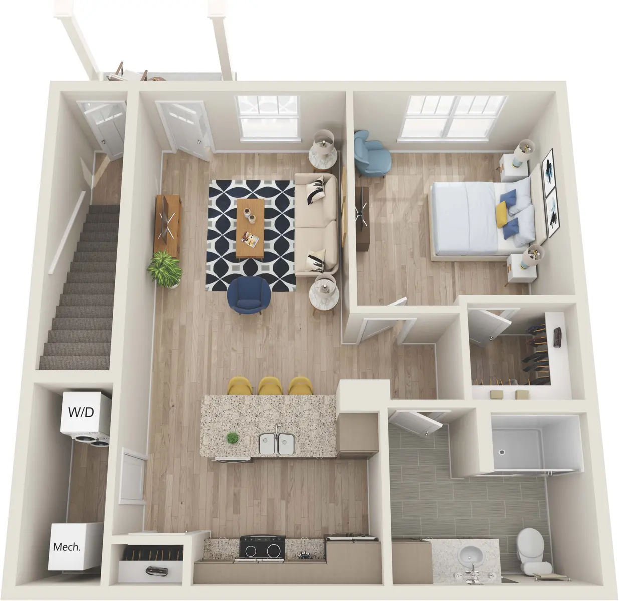 Apartment Floor Plan A top-down view of a modern apartment layout featuring a living area, kitchen, bedroom, and bathroom.