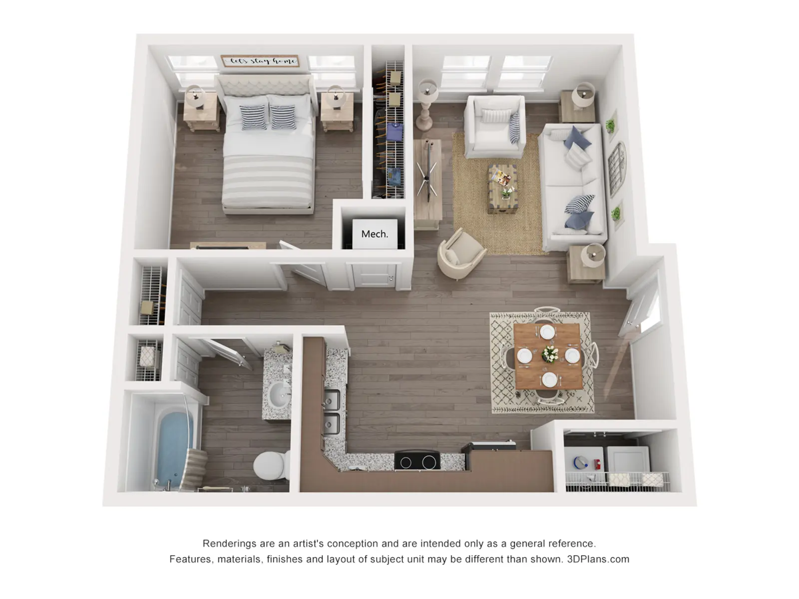 A top-down view of a modern apartment layout featuring a bedroom, bathroom, kitchen, and living area. The bedroom is on the upper left with a bed and nightstands. The living area is on the upper right with seating and a coffee table. The kitchen is in the lower right corner, and a bathroom is located in the lower left. Decor includes plants and artwork.