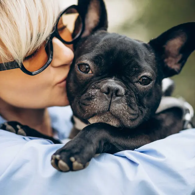 A woman with short blonde hair wearing glasses kisses a black French Bulldog, holding it closely in her arms. The dog has a calm expression and is nestled against her.