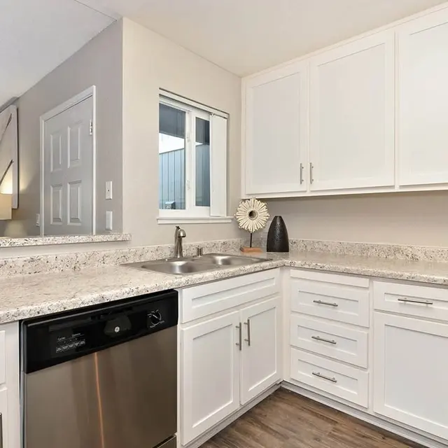 A modern kitchen with white cabinetry, a stainless steel dishwasher, and a granite countertop. A window lets in natural light, enhancing the bright atmosphere of the space.