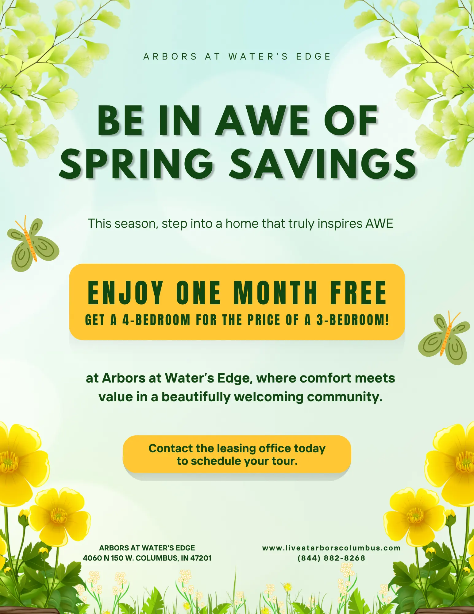 Promotional flyer for Arbors at Water's Edge featuring spring-themed design, highlighting a special offer for apartments.