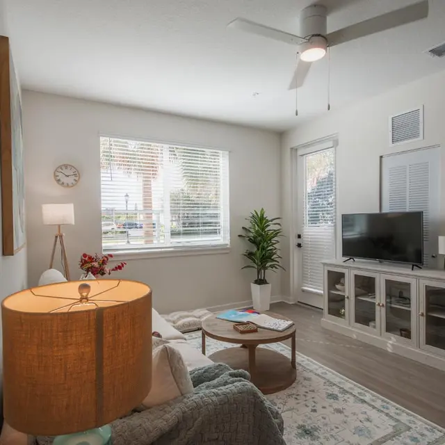 A bright and inviting living room featuring a light-colored sofa, a small coffee table, and a television on a stand. A lamp stands beside the sofa, and a small indoor plant adds a touch of greenery. There are windows with blinds allowing natural light to enter.
