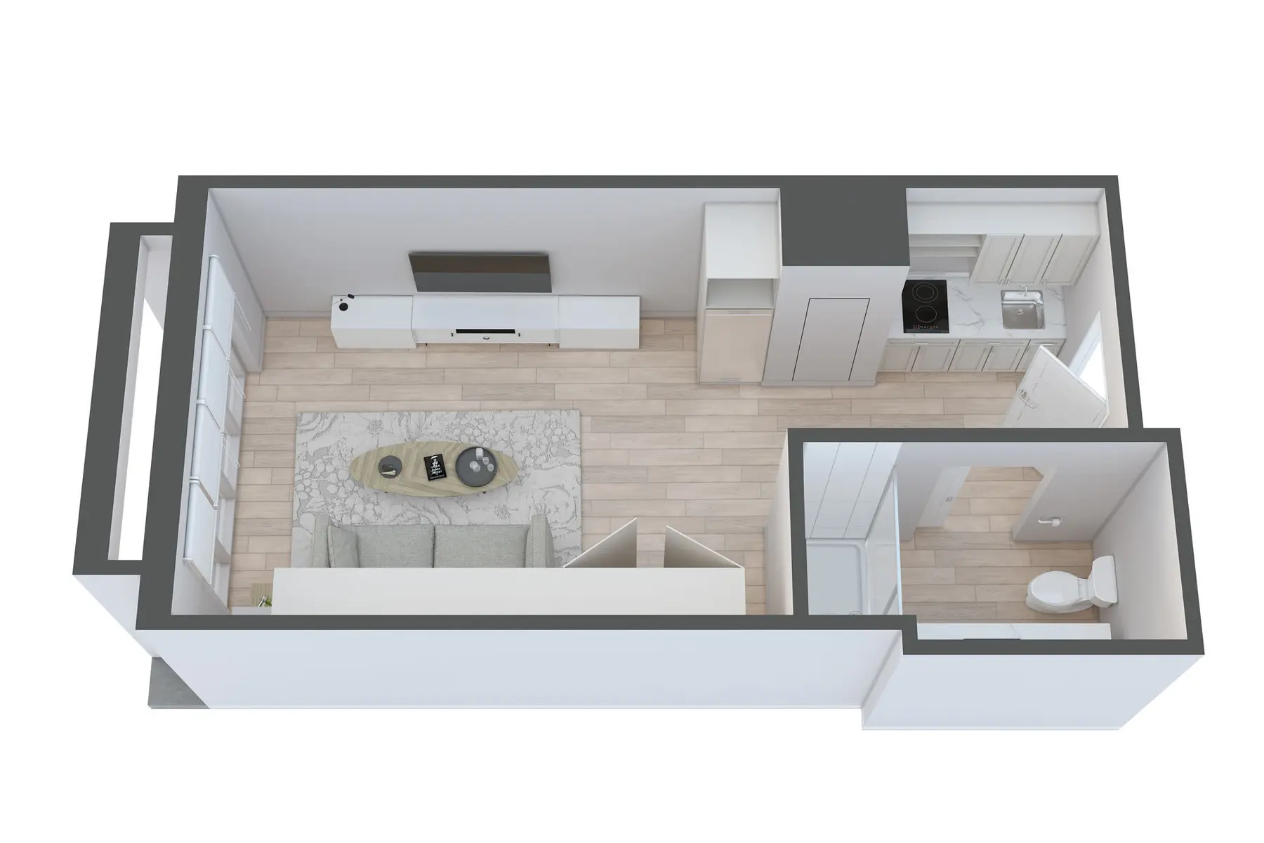 A top-down view of a small apartment layout featuring a living area, kitchen, and bathroom.