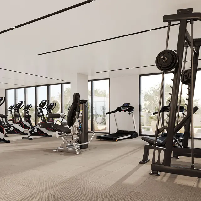 A modern gym interior featuring weightlifting equipment and cardio machines with large windows letting in natural light.