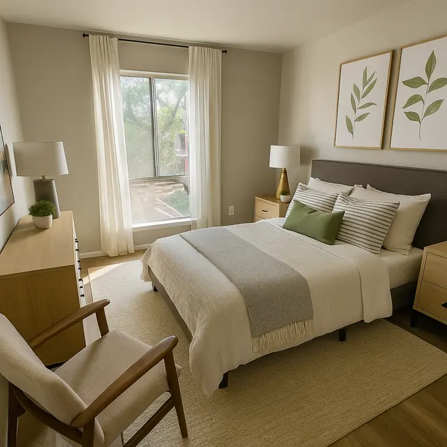 A modern bedroom featuring a bed with neutral bedding and green accents, a wooden chair, and large windows with sheer curtains providing natural light.