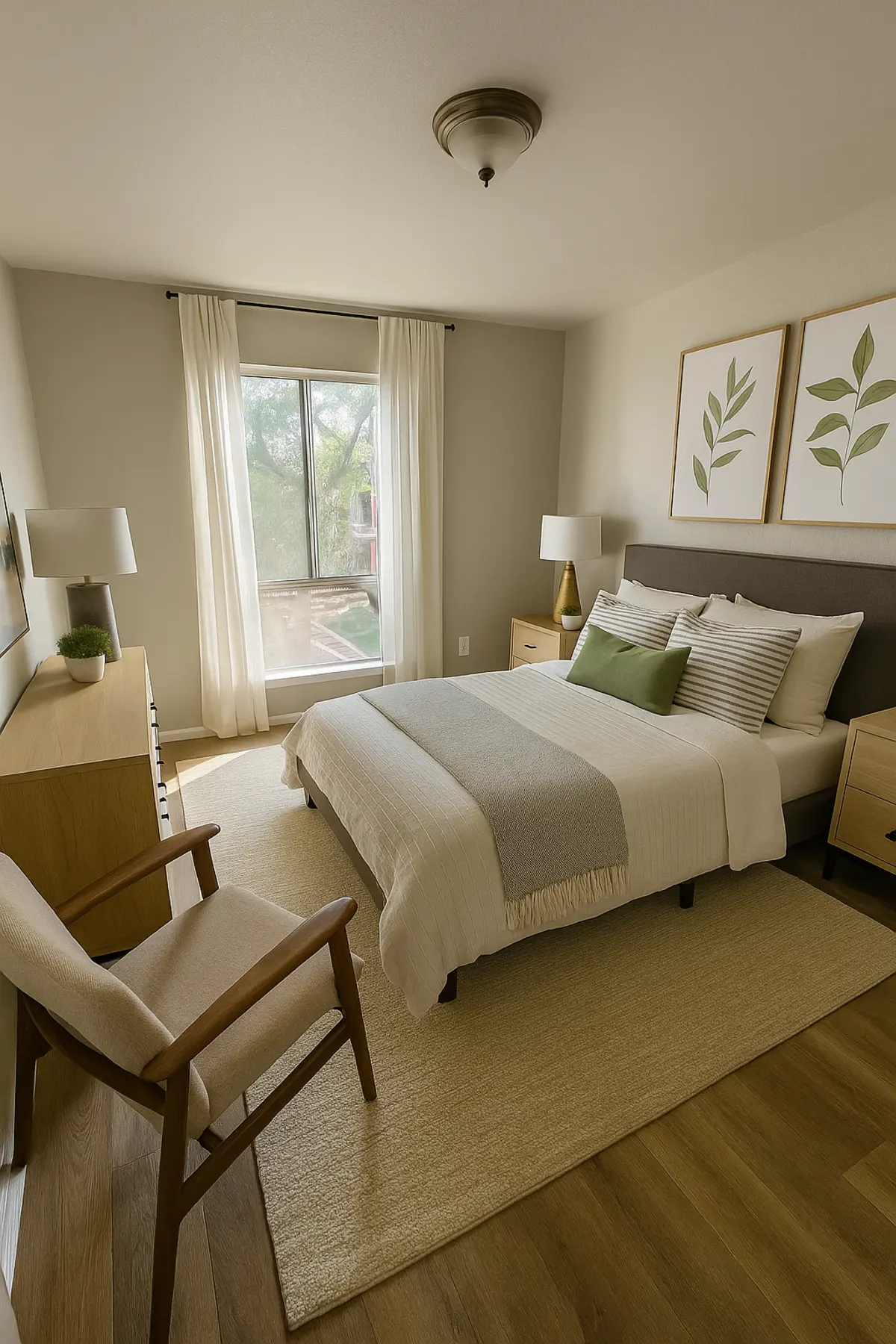 Modern Bedroom Design A modern bedroom featuring a bed with neutral bedding and green accents, a wooden chair, and large windows with sheer curtains providing natural light.