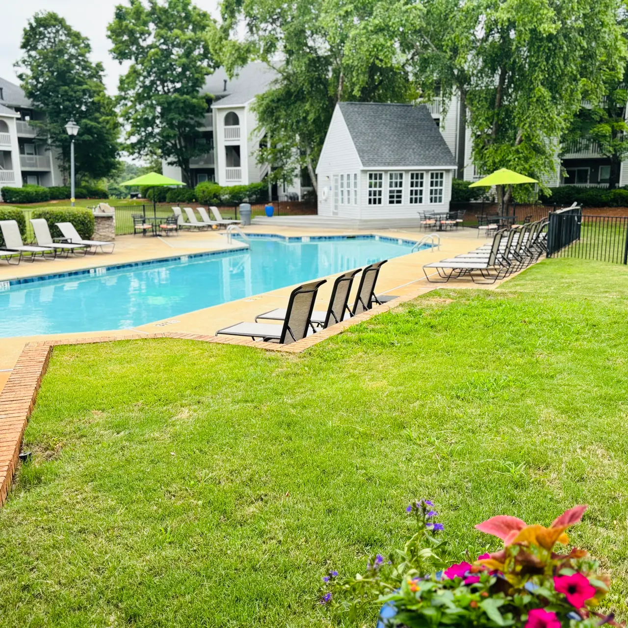 View of a swimming pool area with lounge chairs and green trees in the background.