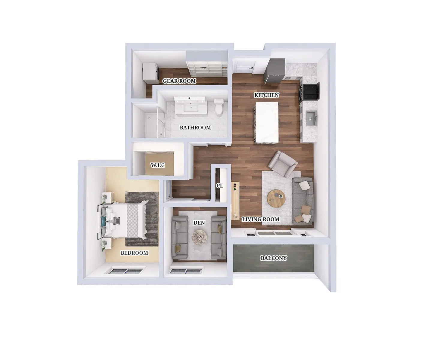 A layout of a two-bedroom apartment showing rooms including a den, bathroom, kitchen, living room, and balcony.