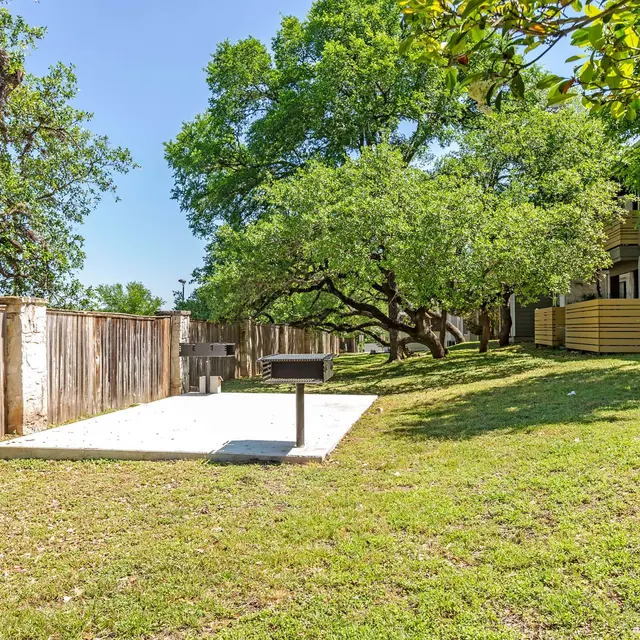 A grassy outdoor area featuring a concrete pad and a grill, surrounded by trees and wooden fencing.