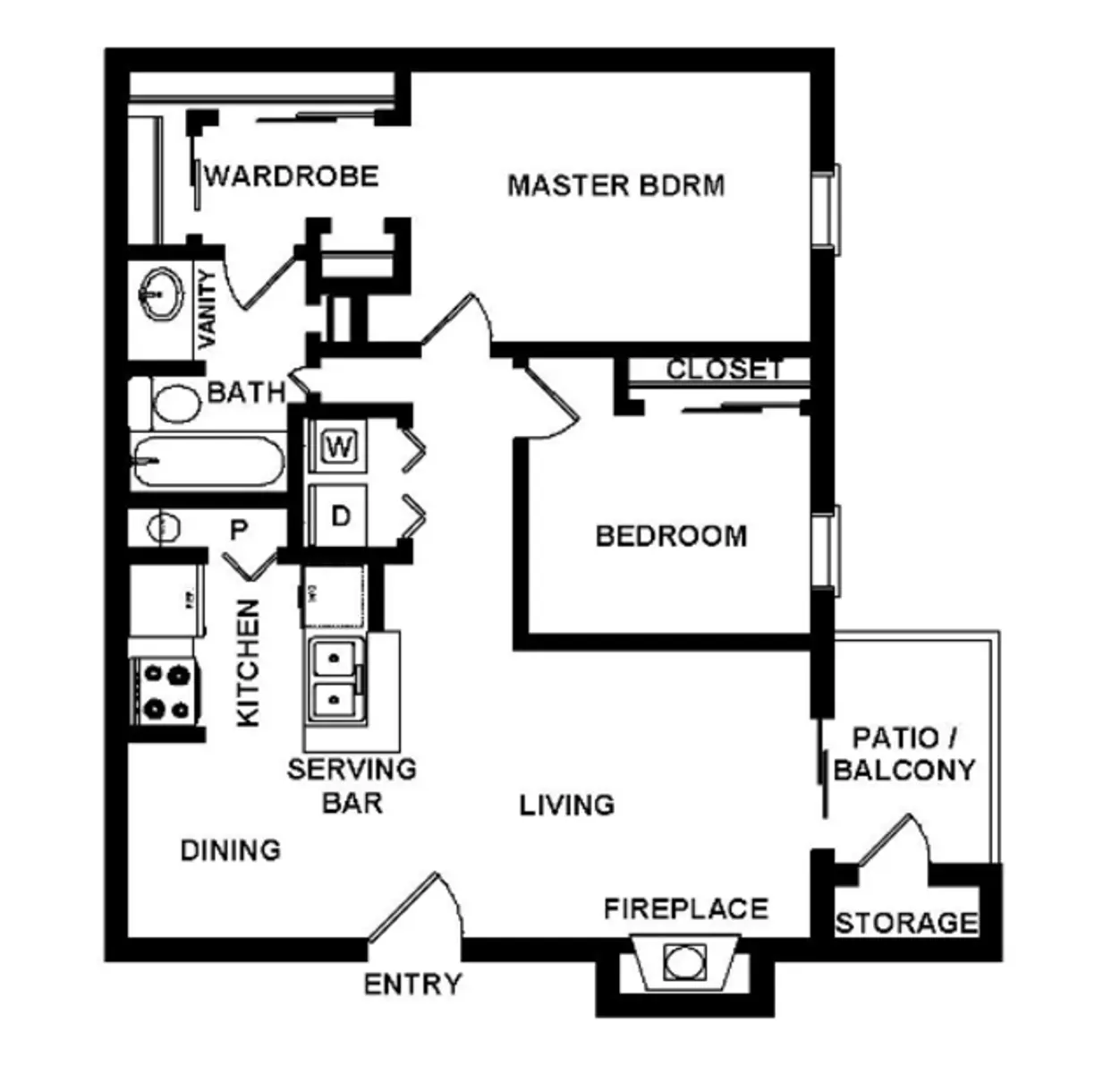 One-Bedroom Apartment Floor Plan A black and white floor plan of a one-bedroom apartment layout including rooms such as a master bedroom, a second bedroom, a bathroom, kitchen, living area, and a patio or balcony.
