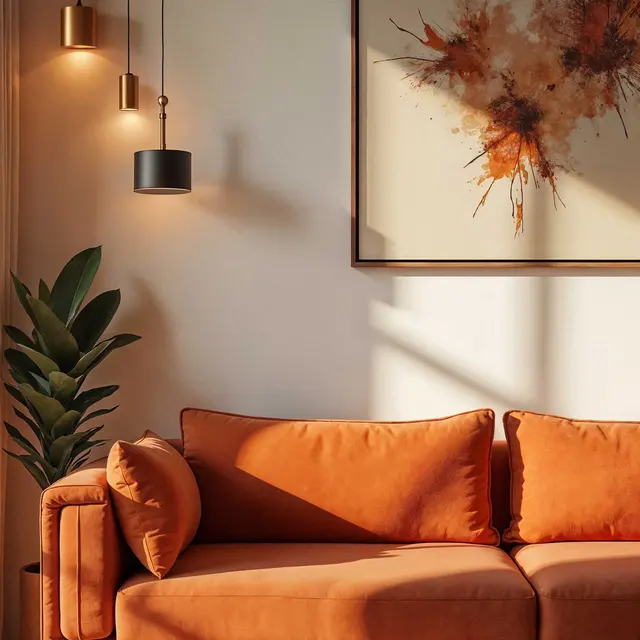 A cozy living room featuring an orange sofa with cushions, a large abstract painting on the wall, and hanging pendant lights.