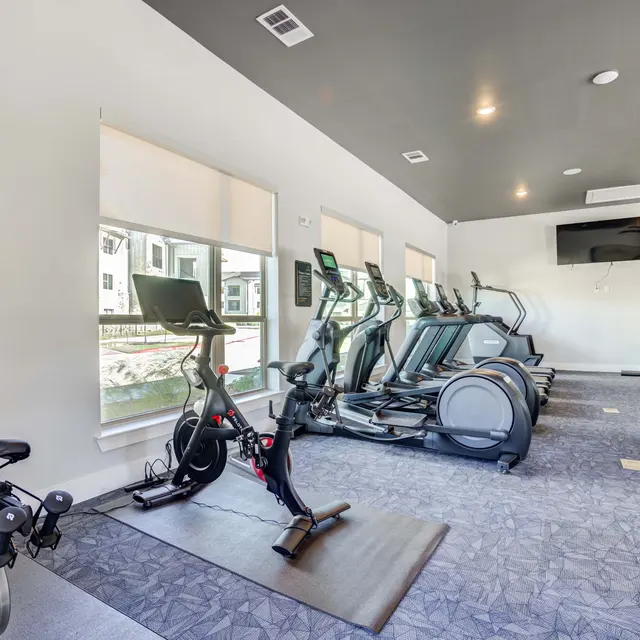 A modern gym interior featuring several workout machines, including stationary bikes and treadmills. The gym is bright with large windows, a television on the wall, and exercise equipment like weights and fitness balls positioned neatly. The flooring is a soft carpet, enhancing the welcoming atmosphere.