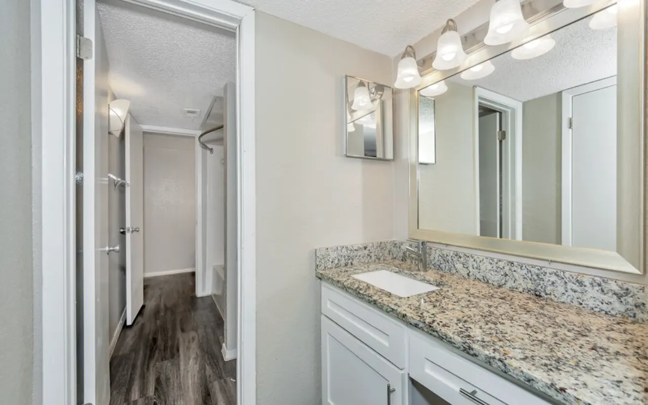 A well-lit bathroom featuring a granite countertop and a large mirror with light fixtures above. The room has a light, neutral color scheme with a view into a hallway and a closet area beyond.