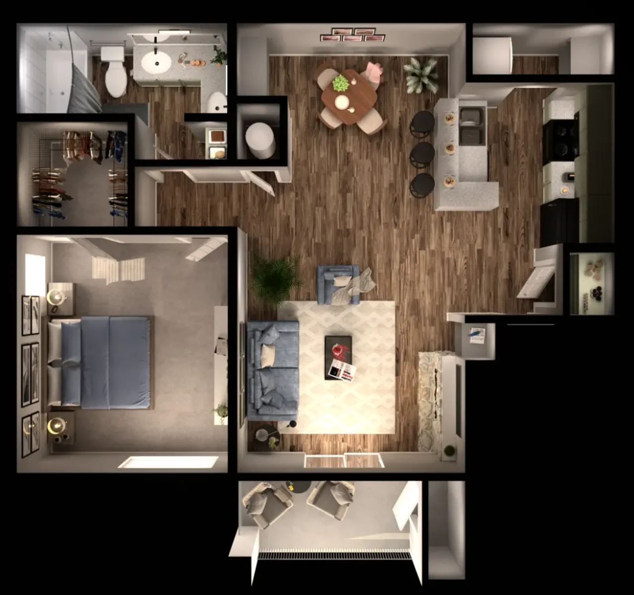 A top-down view of a modern apartment layout featuring a living room with a couch and coffee table, a kitchen area with dining table, a bedroom with two beds, and a bathroom. The floors are made of wood, and furniture is positioned neatly throughout the space.