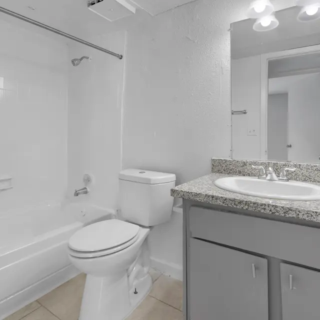 A modern bathroom featuring a bathtub with a shower, a toilet, and a granite countertop sink. The walls are painted white, and there are light fixtures above the mirror.