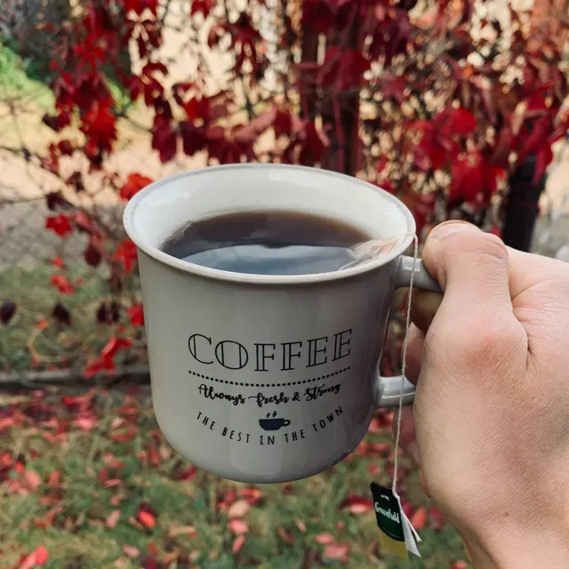 A hand holding a coffee mug with the word 'COFFEE' printed on it against a backdrop of autumn leaves and greenery.