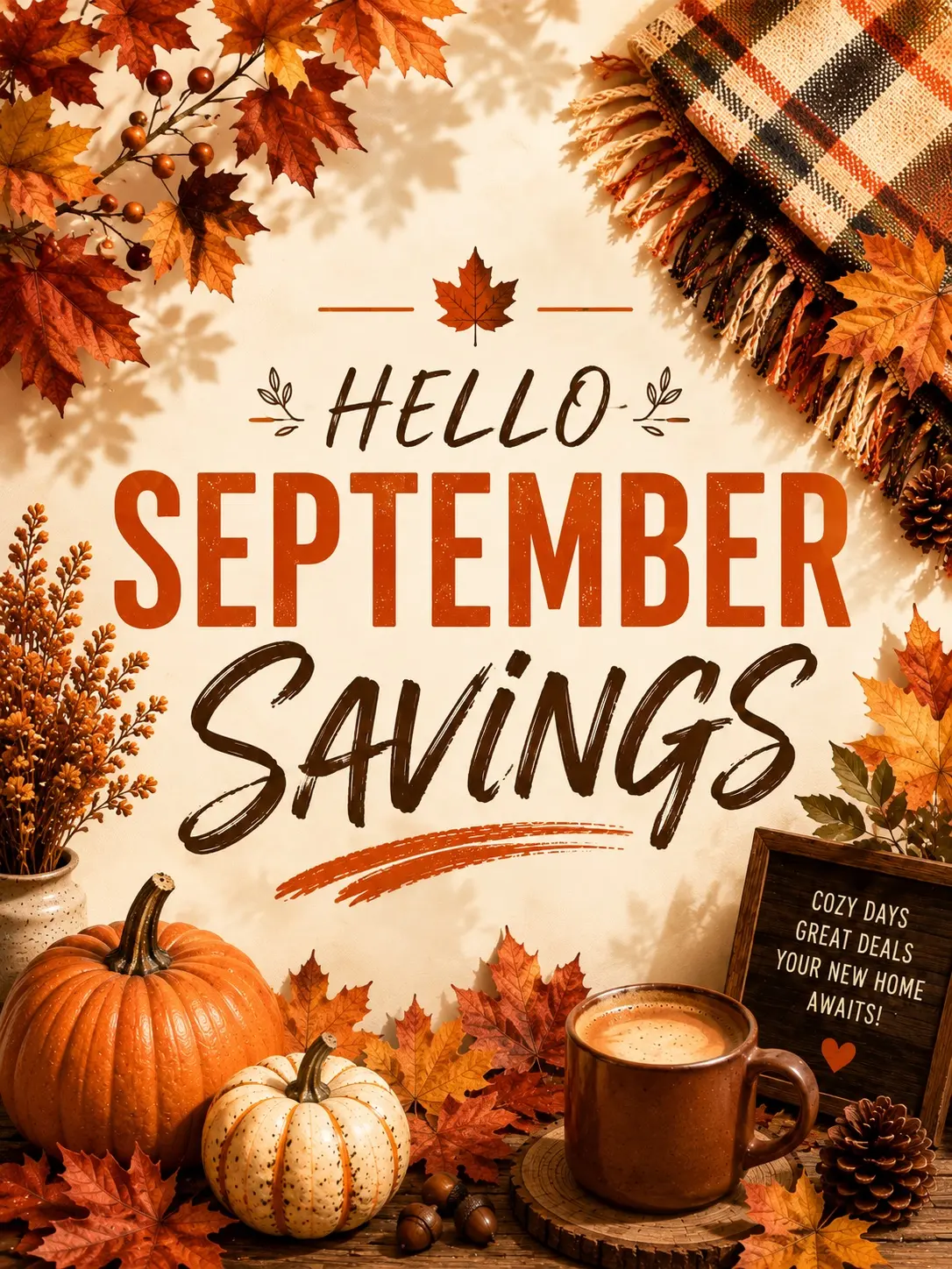 Hello September Savings A seasonal fall-themed promotional graphic featuring autumn leaves, pumpkins, and a warm beverage, highlighted with the text 'Hello September Savings'.