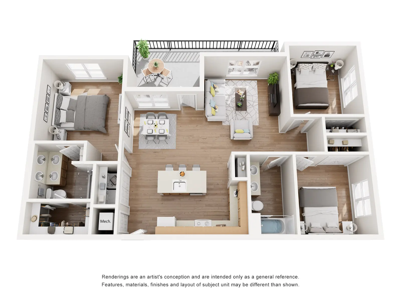 Apartment Floor Plan Render Architectural rendering of an apartment floor plan showing three bedrooms, a living area, and kitchen layout.