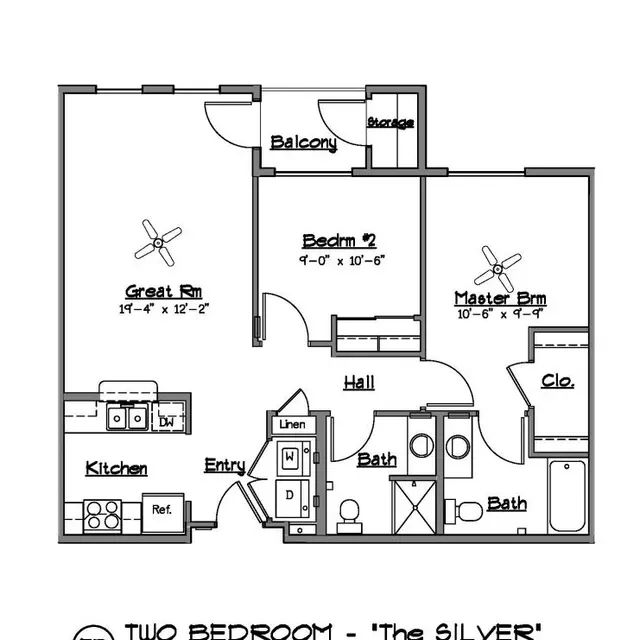 Floor plan of a two-bedroom apartment labeled 'The Silver', featuring a great room, kitchen, two bedrooms, and two bathrooms.