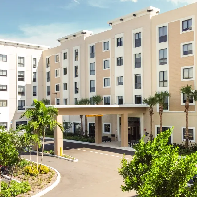Exterior view of a modern hotel with multiple stories and a covered entrance, surrounded by palm trees and parked cars.