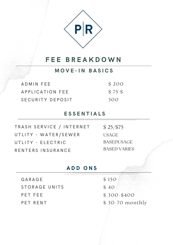 A fee breakdown document outlining costs for move-in basics, essentials, and add-ons related to renting. It includes fees for admin, application, security deposit, utility services, and additional charges for garage, storage, and pet rent.